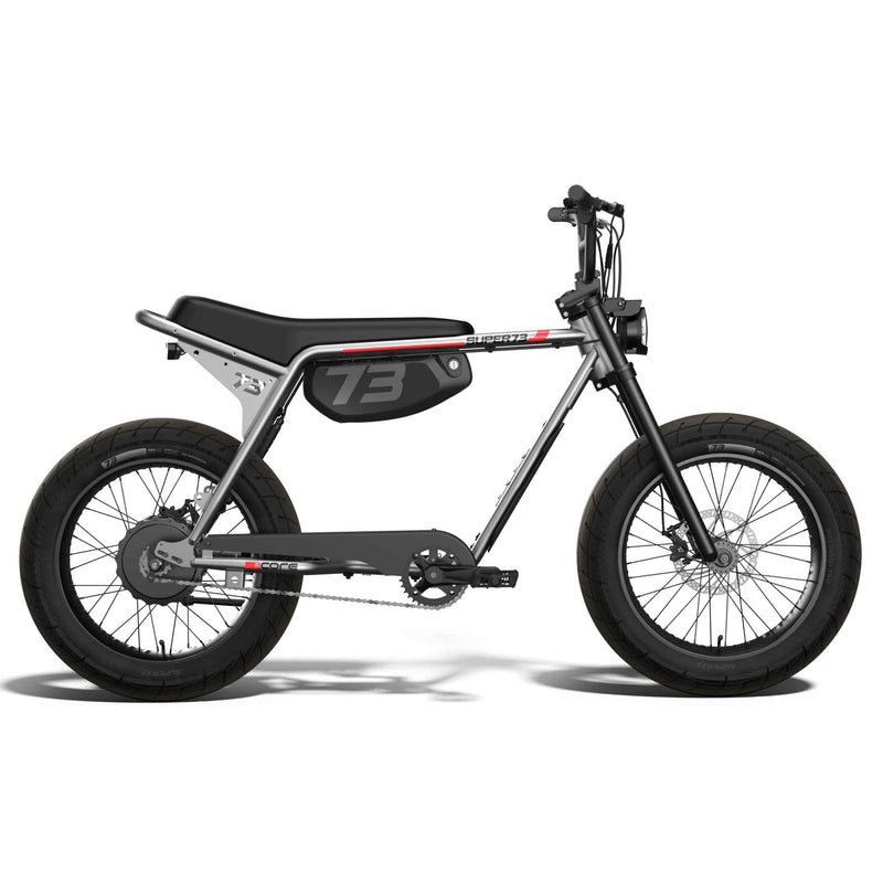 Side view of the SUPER73-ZX Core Legacy Series ebike in metallic aluminum @color_metallic aluminum